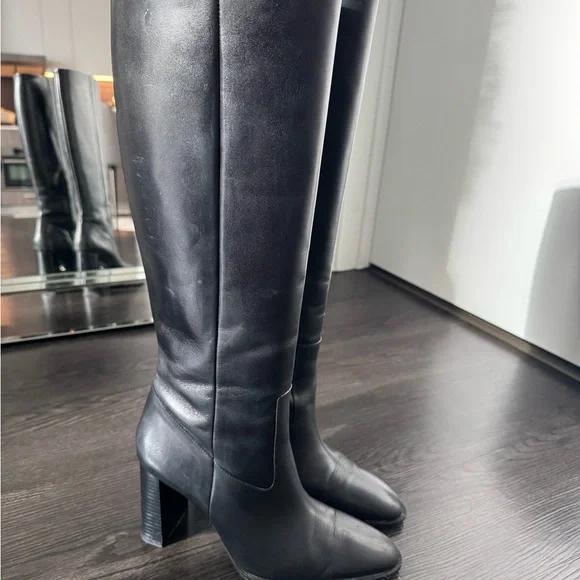 Zara Black Heeled Knee-High Leather Boots - Picture 4 of 9